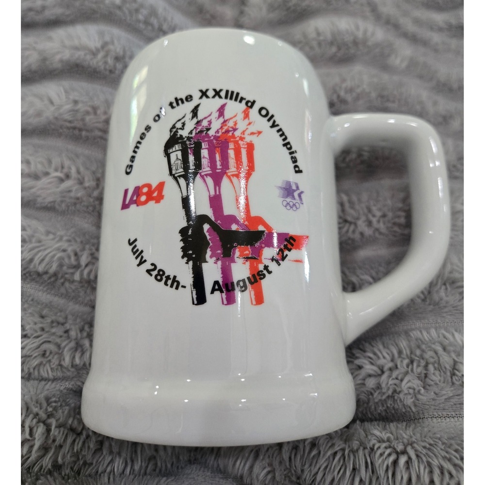 Vintage 1984 Los Angeles Olympics LA84 Torch Ceramic Mug Stein White Collectible - Picture 1 of 8